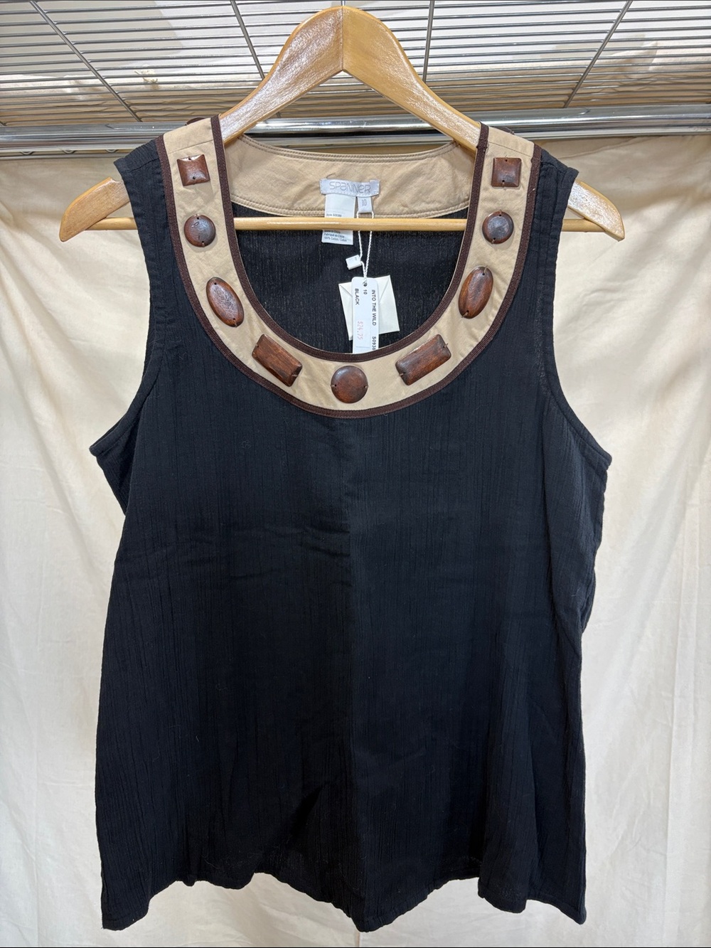 SPANNER Black Tank with Tan and Brown Embellished Scoop